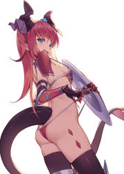 Rule 34 | 1girl, aqua eyes, armor, ass, bikini, bikini armor, bikini pull, black gloves, black thighhighs, breasts, butt crack, clothes pull, elbow gloves, elizabeth bathory (brave) (fate), elizabeth bathory (fate), fate/grand order, fate (series), gloves, hair ribbon, highres, holding, holding shield, horns, long hair, looking at viewer, micro bikini, nian (zhanian), open mouth, oversized clothes, pauldrons, pink hair, pointy ears, pulled by self, purple ribbon, ribbon, shield, shoulder armor, side-tie bikini bottom, sideboob, simple background, small breasts, solo, sweat, swimsuit, tail, thighhighs, tiara, untied bikini, vambraces, white background