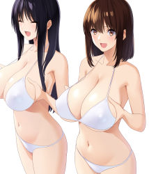 Rule 34 | 2girls, :d, absurdres, bare arms, bikini, black hair, breast hold, breasts, brown eyes, brown hair, cleavage, collarbone, cowboy shot, hair between eyes, highres, large breasts, long hair, marui koishi, multiple girls, navel, open mouth, original, simple background, smile, standing, stomach, swimsuit, white background, white bikini