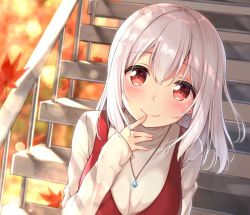 Rule 34 | 1girl, autumn leaves, finger to mouth, hair between eyes, jewelry, karutamo, leaf, long hair, looking at viewer, maple leaf, necklace, original, red eyes, silver hair, sitting, smile, solo, stairs, sweater, tisshu (karutamo), upper body, white sweater