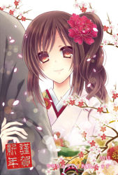 Rule 34 | 10s, brown hair, flower, hair flower, hair ornament, hakuouki shinsengumi kitan, japanese clothes, kimono, long hair, smile, yukimura chizuru