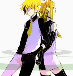 Rule 34 | 1boy, 1girl, bad id, bad pixiv id, blonde hair, blue eyes, brother and sister, elbow gloves, gloves, kagamine len, kagamine rin, necktie, roshin yuukai (vocaloid), siblings, sugi, thighhighs, twins, vocaloid, yellow necktie