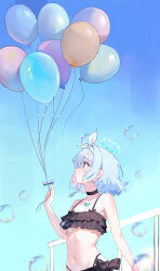 Rule 34 | 1girl, absurdres, air bubble, alternate costume, arona (blue archive), balloon, bare arms, bare shoulders, bikini, black bikini, black choker, blue archive, blue eyes, blue hair, blue sky, blush, bubble, choker, closed mouth, collarbone, commentary request, day, duzizai, flat chest, frilled bikini, frills, hairband, halo, halterneck, highres, holding, holding balloon, jewelry, looking up, navel, necklace, outdoors, short hair, sky, smile, solo, stomach, swimsuit, upper body, white hairband