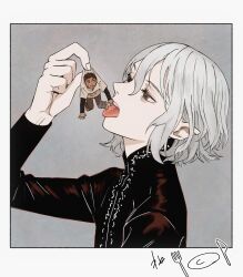 Rule 34 | 2boys, bags under eyes, black eyes, black hair, d:, dark-skinned male, dark skin, dungeon meshi, eating, elf, grey hair, kabe piko, kabru, lazy eye, long sleeves, looking at another, male focus, mandarin collar, mini person, miniboy, mithrun, multiple boys, notched ear, open mouth, pointy ears, shirt, short hair, size difference, tongue, tongue out, uneven eyes