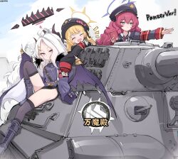 Rule 34 | 3girls, absurdres, armband, black coat, blue archive, closed eyes, coat, gehenna academy logo, german text, halo, hat, highres, hina (blue archive), ibuki (blue archive), iroha (blue archive), jacket, long hair, military hat, military jacket, military vehicle, motor vehicle, multiple girls, necktie, nekoya (liu), peaked cap, purple halo, red armband, red hair, red necktie, safety pin, tank, tiger ii, translation request, wavy hair, yellow halo