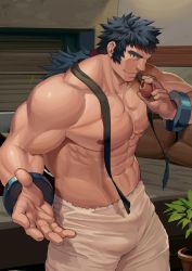 Rule 34 | 1boy, abs, absurdres, bara, blue hair, bruno (pokemon), bulge, cowboy shot, creatures (company), dainyuu (dgls), dark blue hair, eating, elite four, game freak, gym leader, highres, large pectorals, long hair, male focus, muscular, navel, nintendo, nipples, open hand, paid reward available, pectorals, pokemon, pokemon frlg, ponytail, sideburns, solo, spiked hair, thick thighs, thighs, topless male
