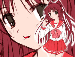 Rule 34 | 00s, 1girl, :p, bow, bowtie, close-up, hair intakes, kinagi yuu, kousaka tamaki, long hair, long sleeves, looking at viewer, pleated skirt, red hair, red skirt, school uniform, shirt, skirt, solo, to heart (series), to heart 2, tongue, tongue out, twintails, very long hair, white shirt, zoom layer