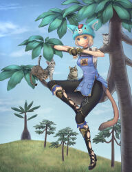 Rule 34 | 1girl, absurdres, adventurer (ff11), animal, animal ears, apron, black footwear, black pants, blonde hair, blue apron, blue eyes, blue hat, blue sky, bracelet, breasts, brown tail, cactus41747280, capri pants, cat, cat ears, cat girl, cat tail, closed mouth, crossed bangs, day, final fantasy, final fantasy xi, full body, hat, highres, in tree, jewelry, looking at viewer, medium breasts, mithra (ff11), outdoors, pants, short hair, sitting, sitting in tree, sky, smile, solo, tail, tree
