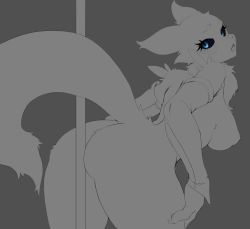 Rule 34 | 1girl, animal ears, black sclera, blue eyes, breasts, claws, colored sclera, digimon, digimon (creature), elbow gloves, fox tail, furry, galactic-overlord, gloves, monochrome, nipples, pole, pole dancing, renamon, tail