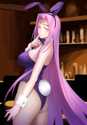 Rule 34 | 1girl, animal ears, ass, back, bare shoulders, bow, bowtie, breasts, closed mouth, detached collar, facial mark, fake animal ears, fate/stay night, fate (series), female focus, fishnet pantyhose, fishnets, forehead, forehead mark, hair intakes, highres, index finger raised, large breasts, leotard, long hair, looking at viewer, looking back, matching hair/eyes, medusa (fate), medusa (rider) (fate), minami koyogi, pantyhose, parted bangs, playboy bunny, purple eyes, purple hair, purple leotard, rabbit ears, rabbit tail, solo, tail, very long hair, wrist cuffs