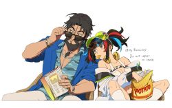 Rule 34 | 1boy, 1girl, asaya minoru, bag of chips, bare shoulders, beard, bikini, bikini under clothes, black hair, blue shirt, breasts, brown eyes, chips (food), cleavage, collarbone, collared shirt, dress shirt, edward teach (fate), edward teach (midsummer gentleman) (fate), english text, eyewear on headwear, eyewear pull, facial hair, fate/grand order, fate (series), feet out of frame, food, food in mouth, headphones, headphones around neck, heart, heart-shaped eyewear, jacket, long sleeves, looking over eyewear, looking to the side, medium breasts, mouth hold, mustache, navel, off shoulder, open clothes, open jacket, open shirt, pants, parted lips, ponytail, potato chips, puffy long sleeves, puffy sleeves, red-framed eyewear, see-through, sei shounagon (fate), sei shounagon (swimsuit berserker) (fate), shirt, simple background, sitting, socks, sunglasses, swimsuit, thick eyebrows, twitter username, visor cap, watch, white background, white bikini, white jacket, white pants, white socks, wristwatch