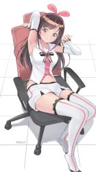 Rule 34 | 1girl, aqua eyes, arm up, arm warmers, armpits, bare shoulders, bow, breasts, brown hair, chair, detached sleeves, full body, hairband, highres, kizuna ai, kizuna ai inc., looking at viewer, multicolored hair, navel, no shoes, office chair, pink bow, pink hair, pjkka, sailor collar, short shorts, shorts, simple background, sleeveless, solo, streaked hair, swept bangs, swivel chair, thighhighs, twitter username, two-tone hair, virtual youtuber, white background, zettai ryouiki