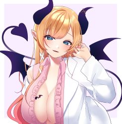 Rule 34 | absurdres, bat tattoo, black horns, black wings, blonde hair, blouse, breast tattoo, breasts, collared dress, demon girl, demon horns, demon tail, demon wings, dress, frilled shirt, frills, highres, hololive, horns, huge breasts, huge filesize, lab coat, leaning forward, long hair, long sleeves, no bra, open clothes, open shirt, pink skirt, pointy ears, shirt, simple background, skirt, solo, tail, tattoo, upper body, uu3cm, virtual youtuber, white background, wings, yuzuki choco, yuzuki choco (1st costume)