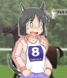 Rule 34 | 0 0, 1girl, ^^^, animal ears, animal hair, black eyes, black hair, blue pants, blush, casual, cat ears, cat girl, cat tail, commentary request, gaketsu, highres, jacket, japan world cup, mosaic background, nichijou, no nose, open mouth, pants, pink jacket, shinonome nano, shirt, short hair, solo, surprised, t-shirt, tail, tail raised, tears, translation request, wide-eyed, winding key