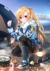 Rule 34 | 1girl, :d, ahoge, armband, asymmetrical bangs, azur lane, backpack, bag, bird, black skirt, black socks, blonde hair, blue coat, blue footwear, blue socks, blush, camouflage, camouflage jacket, campfire, camping, character name, chick, cleveland (azur lane), coat, commentary request, cooking, day, english text, fire, fish, fishing, full body, fur scarf, grin, highres, holding, jacket, knee pads, kneehighs, lake, lantern, long hair, long sleeves, looking at viewer, miniskirt, mountainous horizon, one side up, open mouth, outdoors, pantyhose, pantyhose under kneehighs, pot, red eyes, scarf, shoes, skirt, smile, sneakers, socks, solo, squatting, stardust (chen&#039;ai weiding), stew, teeth, tent, very long hair, white scarf