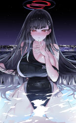 Rule 34 | 1boy, 1girl, absurdres, alternate costume, black hair, blue archive, blunt bangs, breasts, cityscape, cleavage, convenient censoring, finger to own chin, hair ornament, hairclip, halo, hand on another&#039;s thigh, highres, large breasts, long hair, night, off shoulder, one-piece swimsuit, partially submerged, red eyes, rio (blue archive), strap slip, swimsuit, wet, yuki (asayuki101)