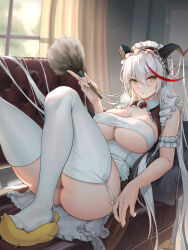 Rule 34 | 1girl, absurdres, aegir (azur lane), aegir (iron blood&#039;s dragon maid) (azur lane), ass, azur lane, bare shoulders, bell, breasts, breasts out, chest sarashi, couch, covered erect nipples, dress, duster, feather duster, frilled dress, frills, garter straps, hair bell, hair ornament, highres, horns, large breasts, long hair, looking at viewer, lying, maid, maid headdress, multicolored hair, official alternate costume, on back, sarashi, strap pull, streaked hair, thighhighs, underboob, very long hair, white hair, white thighhighs, yellow eyes, yun (user367624)