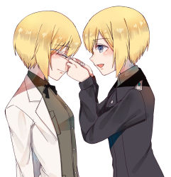 Rule 34 | 2girls, blonde hair, blue eyes, closed eyes, erica hartmann, highres, lab coat, military, military uniform, multiple girls, removing eyewear, sayama (chiwan0830), short hair, siblings, sisters, strike witches, strike witches: suomus misfits squadron, twins, uniform, upper body, ursula hartmann, white background, world witches series