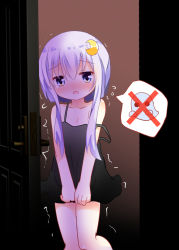 Rule 34 | 1girl, bare shoulders, black dress, blue eyes, blue hair, collarbone, crescent, crescent hair ornament, door, dress, female focus, flat chest, flying sweatdrops, hair ornament, have to pee, indoors, kantai collection, long hair, looking at viewer, scared, short dress, sleeveless, sleeveless dress, solo, spaghetti strap, speech bubble, standing, strap slip, tears, trembling, umi suzume, v arms, yayoi (kancolle)