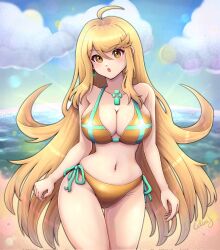 Rule 34 | alternate costume, beach, bikini, breasts, celischo, highres, large breasts, mythra (xenoblade), solo, swimsuit, xenoblade chronicles (series), xenoblade chronicles 2
