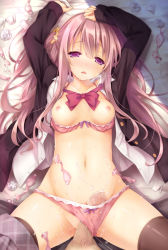 Rule 34 | 1boy, 1girl, aftersex, arms up, black thighhighs, blazer, blush, bow, bow bra, bow panties, bowtie, bra, bra pull, breasts, censored, clothes pull, clothing aside, collarbone, condom, condom wrapper, cum, cum on body, hair ornament, hair scrunchie, head tilt, hetero, jacket, long hair, long sleeves, looking at viewer, lying, mosaic censoring, navel, nipples, on back, on bed, original, panties, panties aside, penis, penis in panties, pink bra, pink hair, pink panties, plaid, pov, purple eyes, red bow, red bowtie, ryo (botugo), scrunchie, shirt, small breasts, solo focus, spread legs, sweat, tears, thighhighs, tissue, underwear, used condom, white shirt