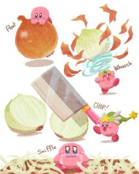 Rule 34 | :d, :o, ^ ^, arms up, blue eyes, blush, blush stickers, closed eyes, closed mouth, commentary, copy ability, crying, crying with eyes open, cutting board, cutting onions, english commentary, green headwear, hat, highres, holding, holding knife, kirby, kirby (series), knife, looking at viewer, miclot, multiple views, nintendo, onion, open mouth, simple background, smile, sound effects, star (symbol), tears, tornado kirby, ultra sword, v-shaped eyebrows, wavy mouth, white background, wind