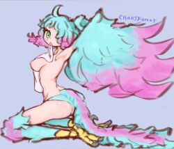 Rule 34 | 1girl, ahoge, armpits, arms up, artist name, ass, bird legs, bird tail, blue hair, blue panties, blue wings, blush, breasts, chaosferret, commentary, english commentary, medium breasts, monster girl, mouth hold, multicolored hair, nipples, original, panties, pink hair, pink tail, pink wings, simple background, solo, tail, talons, two-tone hair, two-tone tail, two-tone wings, underwear, unworn shirt, wings