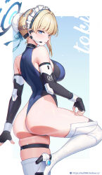 Rule 34 | 1girl, ass, black gloves, blonde hair, blue archive, blue eyes, blue hair, blue halo, blush, boots, braid, breasts, bun cover, character name, earpiece, fingerless gloves, foot out of frame, gloves, hair bun, halo, hayate (leaf98k), high heel boots, high heels, highres, large breasts, looking at viewer, multicolored hair, open mouth, short hair, single hair bun, solo, streaked hair, thigh boots, toki (blue archive), watermark, web address, white footwear