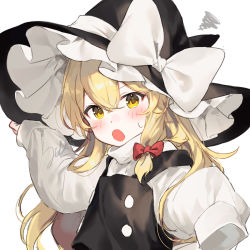 Rule 34 | 1girl, :o, age regression, aged down, black hat, blonde hair, blush, bow, hat, hat bow, highres, jill 07km, kirisame marisa, long hair, long sleeves, looking at viewer, open mouth, simple background, solo, touhou, vest, white background, white bow, witch hat, yellow eyes