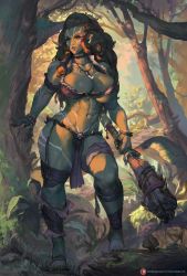 Rule 34 | 1girl, abs, bare shoulders, breasts, brown hair, cleavage, club (weapon), colored skin, commentary, commission, curvy, cutesexyrobutts, fangs, fingernails, full body, green skin, highres, jungle, large breasts, lips, long hair, looking to the side, muscular, muscular female, nature, navel, orc, original, pointy ears, sharp fingernails, solo, standing, thick thighs, thighs, toned, tree, underboob, weapon