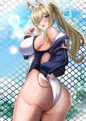 Rule 34 | 1girl, absurdres, adjusting clothes, adjusting swimsuit, akizuki momiji, animal ear fluff, animal ears, ass, blonde hair, blue archive, blue eyes, blue halo, blue jacket, breasts, chain-link fence, competition swimsuit, cowboy shot, dog ears, dog girl, extra ears, fence, hair over one eye, halo, highleg, highleg one-piece swimsuit, highres, jacket, kanna (blue archive), kanna (swimsuit) (blue archive), large breasts, long hair, looking at viewer, looking back, notched ear, official alternate costume, one-piece swimsuit, ponytail, purple armband, sharp teeth, solo, swimsuit, teeth, white one-piece swimsuit