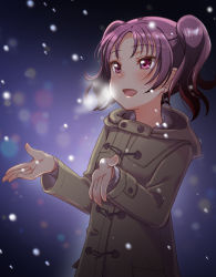 Rule 34 | 1girl, :d, beige coat, blurry, blush, bokeh, breath, coat, commentary request, depth of field, highres, hood, hood down, hooded coat, kazuno leah, light blush, long sleeves, love live!, love live! sunshine!!, motoasako, night, open hands, open mouth, purple eyes, purple hair, smile, snowing, solo, twintails, upper body, winter clothes