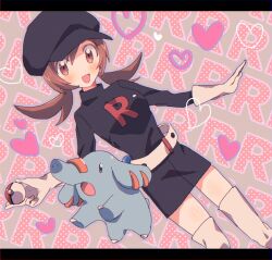 Rule 34 | 1girl, :d, belt, black dress, black hat, boots, brown eyes, brown hair, bucket (b1zja), cabbie hat, commentary, creatures (company), dress, game freak, gen 2 pokemon, gloves, hat, heart, highres, holding, holding poke ball, long sleeves, looking at viewer, lyra (pokemon), nintendo, open mouth, phanpy, poke ball, pokemon, pokemon (creature), pokemon hgss, smile, solo, team rocket, team rocket uniform, thigh boots, twintails, white gloves
