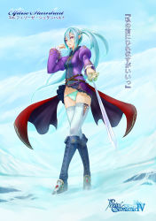 Rule 34 | 1girl, absurdres, bad id, bad pixiv id, blouse, blue hair, boots, elf, green panties, highres, kazeno, knee boots, legs, long hair, miniskirt, panties, pixiv fantasia, pixiv fantasia 4, pleated skirt, pointy ears, purple eyes, shirt, side ponytail, skirt, solo, standing, sword, thighhighs, twintails, underwear, weapon, white thighhighs, wind, wind lift