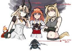 Rule 34 | 1other, 3girls, animal ears, arknights, astrograph21, bagpipe (arknights), black choker, black gloves, black hairband, blonde hair, choker, commentary, crop top, doctor (arknights), dress, flame-tipped tail, gloves, green eyes, grey tank top, hairband, horn (arknights), horns, long hair, looking at viewer, midriff, multiple girls, navel, orange hair, palm-fist greeting, purple eyes, red eyes, reed (arknights), reed the flame shadow (arknights), shirt, short sleeves, stomach, tail, tank top, white dress, white shirt, wolf ears, wolf tail
