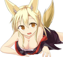 Rule 34 | 1girl, animal ears, blonde hair, breast press, breasts, fox ears, fox tail, hair between eyes, kemonomimi mode, looking at viewer, lying, numahata tofu., on stomach, original, sarashi, simple background, solo, tail, yellow eyes