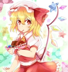 Rule 34 | 1girl, ascot, blonde hair, bowl, bright pupils, candy, chocolate, chocolate bar, crystal, doughnut, dress, flandre scarlet, food, hair ribbon, hat, looking at viewer, low wings, mouth hold, nobu baka, outstretched arm, pocky, puffy short sleeves, puffy sleeves, red dress, red eyes, ribbon, short hair, short sleeves, side ponytail, skirt, solo, star-shaped pupils, star (symbol), starry background, sweets, symbol-shaped pupils, touhou, wings