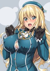Rule 34 | 10s, 1girl, atago (kancolle), black gloves, blonde hair, blush, breasts, bursting breasts, buttons, cleavage, cleavage cutout, clothing cutout, covered erect nipples, gloves, green eyes, hands up, hat, kantai collection, large breasts, long hair, military, military uniform, open mouth, revision, satou samu, solo, uniform