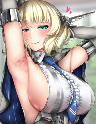 Rule 34 | 1girl, armpits, arms up, blonde hair, blue eyes, blue necktie, blush, braid, breasts, capelet, colorado (kancolle), dress, elbow gloves, garrison cap, gloves, grey dress, half-closed eyes, hat, headgear, heart, highres, kantai collection, kome cola, large breasts, looking at viewer, necktie, short hair, side braid, side braids, sideboob, sidelocks, single braid, solo, underwear