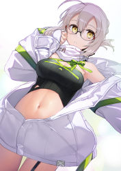 Rule 34 | 1girl, ahoge, armpits, artoria pendragon (fate), bare shoulders, black-framed eyewear, blonde hair, blush, breasts, cleavage, commentary request, cowboy shot, crop top, dutch angle, fate/grand order, fate (series), garter straps, glasses, gradient background, green ribbon, hand up, highres, jacket, long sleeves, looking at viewer, medium breasts, mysterious idol x alter (fate), navel, nonderi, off shoulder, open clothes, open jacket, parted lips, ribbon, short hair, silver hair, solo, stomach, thigh gap, white jacket