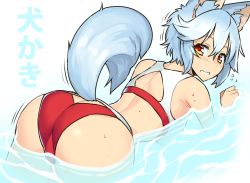 Rule 34 | 1girl, animal ears, ass, bent over, blue hair, blush, competition swimsuit, flying sweatdrops, inubashiri momiji, looking at viewer, one-piece swimsuit, red eyes, red one-piece swimsuit, short hair, solo, swimsuit, tail, taketora suzume, touhou, water, white hair, wolf ears, wolf tail, yellow eyes