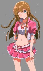 Rule 34 | 1girl, belt, blue eyes, blush, braid, breasts, brown hair, buckle, choker, cleavage cutout, closed mouth, clothing cutout, cowboy shot, cropped jacket, earrings, frilled skirt, frills, grey background, halterneck, heart, heart-shaped buckle, heart earrings, highres, idol clothes, idolmaster, idolmaster million live!, jacket, jewelry, kousaka umi, layered skirt, looking at viewer, medium breasts, miniskirt, navel, one eye closed, pink jacket, pink skirt, pleated skirt, red choker, short sleeves, simple background, skirt, smile, solo, standing, white belt, yoshisawa