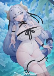 Rule 34 | 1girl, blue hair, blush, breasts, cleavage, covered navel, day, earrings, grey eyes, highleg, highleg swimsuit, highres, horns, huge breasts, jewelry, long hair, looking at viewer, mole, mole on breast, multicolored hair, necklace, one-piece swimsuit, original, outdoors, parted lips, pointy ears, rabbit (wlsdnjs950), sky, solo, swimsuit, sylphy (kerinyan), tree, v, very long hair, wading, water, white hair, white one-piece swimsuit