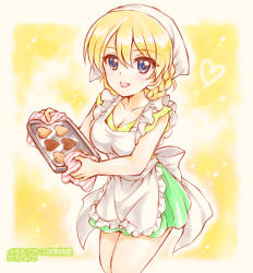 Rule 34 | 1girl, apron, blonde hair, blue eyes, blush, braid, breasts, casual, cleavage, collarbone, cookie, darjeeling (girls und panzer), dated, food, frilled apron, frills, girls und panzer, green skirt, hair between eyes, head scarf, heart, heart-shaped food, holding, holding tray, kuromori yako, looking at viewer, open mouth, shirt, skirt, smile, thighs, tray, white apron, yellow background, yellow shirt