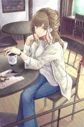 Rule 34 | 1girl, aramachi, bag, breasts, brown hair, cafe, chair, chalkboard, crossed legs, cup, denim, disposable cup, drawings, english text, green eyes, handbag, head rest, highres, holding, holding cup, hood, hooded jacket, indoors, jacket, jeans, jewelry, light smile, long hair, long sleeves, looking at viewer, magazine (object), medium breasts, nail polish, necklace, open clothes, open jacket, original, pants, shirt, sidelocks, sitting, solo, table, watch, white jacket, white shirt, window, wooden floor