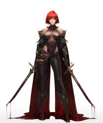 Rule 34 | 1girl, absurdres, bare shoulders, belt, blood, bloody weapon, boots, breasts, brown belt, brown footwear, brown gloves, brown leotard, covered navel, daeho cha, dagger, detached sleeves, dripping, dual wielding, earrings, elbow gloves, full body, gloves, grin, highres, holding, holding sword, holding weapon, jewelry, knife, leotard, lips, medium breasts, medium hair, oceans&amp;empires, official art, parted lips, red eyes, red hair, signature, simple background, smile, solo, sword, turtleneck, weapon, white background, wide sleeves