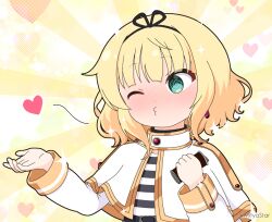 Rule 34 | 1girl, @ @, blonde hair, blowing kiss, blush, can, canned coffee, capelet, commentary request, cosplay, drink can, flying sweatdrops, frieren, frieren (cosplay), gochuumon wa usagi desu ka?, green eyes, hands up, heart, holding, holding can, kirima syaro, long sleeves, mitya, nose blush, one eye closed, puckered lips, shirt, solo, sousou no frieren, striped clothes, striped shirt, sunburst, sunburst background, sweat, upper body, white capelet