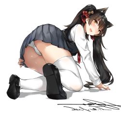 Rule 34 | 1girl, all fours, alternate costume, animal ears, ass, bell, blush, from behind, girls&#039; frontline, hair bell, hair ornament, hair ribbon, highres, loafers, long hair, long sleeves, looking at viewer, looking back, open mouth, panties, plaid, plaid neckwear, plaid ribbon, pleated skirt, ribbon, school uniform, shirt, shoes, skirt, solo, thighhighs, thighs, twintails, type 97 (girls&#039; frontline), underwear, uniform, vest, white background, white panties, white shirt, white thighhighs, yellow eyes, zen juraku