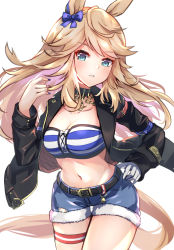 Rule 34 | 1girl, animal ears, bandeau, belt, black belt, black choker, black jacket, blonde hair, blue bow, blue eyes, blue nails, bow, breasts, choker, cleavage, commentary request, cowboy shot, denim, denim shorts, gloves, gold city (umamusume), hair bow, hand on own hip, highres, horse ears, horse tail, jacket, long hair, long sleeves, looking at viewer, medium breasts, meyamu, midriff, nail polish, navel, open clothes, open jacket, parted lips, short shorts, shorts, simple background, single glove, solo, standing, stomach, strapless, striped bandeau, tail, thigh strap, thighs, tube top, umamusume, white background
