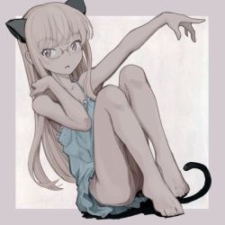 Rule 34 | 1girl, animal ears, barefoot, blonde hair, border, cameltoe, cat ears, cat tail, feet, female focus, glasses, grey border, long hair, looking at viewer, nightgown, outside border, panties, parted lips, perrine h. clostermann, samuhara, sitting, solo, strike witches, tail, toes, underwear, world witches series