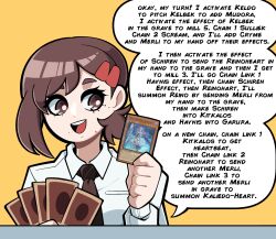 Rule 34 | 1girl, black necktie, brown eyes, brown hair, card, chainsaw man, collared shirt, commentary, english commentary, english text, hair ornament, hairclip, higashiyama kobeni, highres, holding, holding card, kermittend, long sleeves, mole, mole under eye, necktie, open mouth, ponytail, shirt, simple background, solo, speech bubble, tearlaments scheiren, white shirt, yellow background, yu-gi-oh!